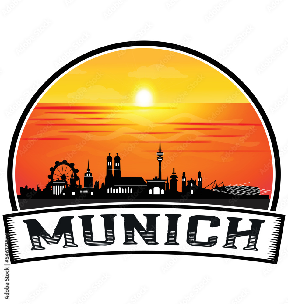 Munich Germany Skyline Sunset Travel Souvenir Sticker Logo Badge Stamp Emblem Coat of Arms Vector Illustration EPS