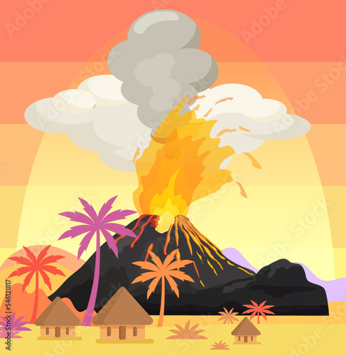 Strong jet of effluent hot lava. Erupting rock pinnacle volcano disaster with burning fire. Volcanic eruption mountain with magma in exotic village. Volcano with lava on tourist tropical island
