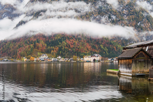 hallstatt village houses by the lake against mountains