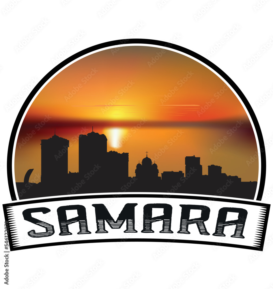 Samara Russia Skyline Sunset Travel Souvenir Sticker Logo Badge Stamp Emblem Coat of Arms Vector Illustration EPS
