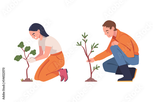 Man and Woman Character Planting Tree Sapling in Soil Taking Care of Planet and Nature Vector Set