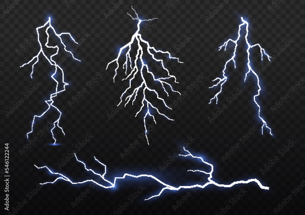 Thunder storm realistic blue lightning. Sparks electrical and stars. Symbol of natural strength or magic, abstract, electricity explosion. Light effect and lighting. Glow white sparkle. Vector