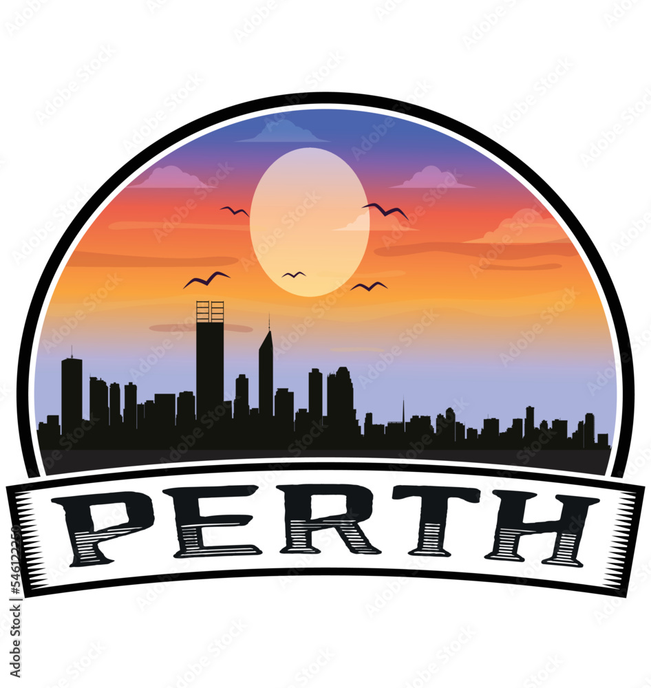 Perth Australia Skyline Sunset Travel Souvenir Sticker Logo Badge Stamp Emblem Coat of Arms Vector Illustration EPS