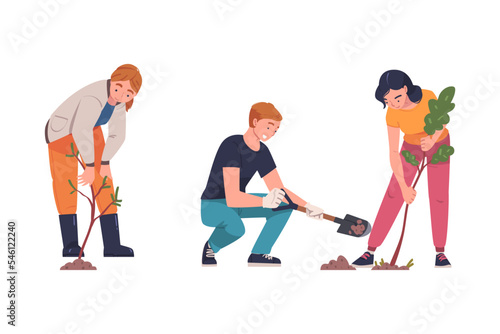 Man and Woman Character Planting Tree Sapling in Soil Taking Care of Planet and Nature Vector Set