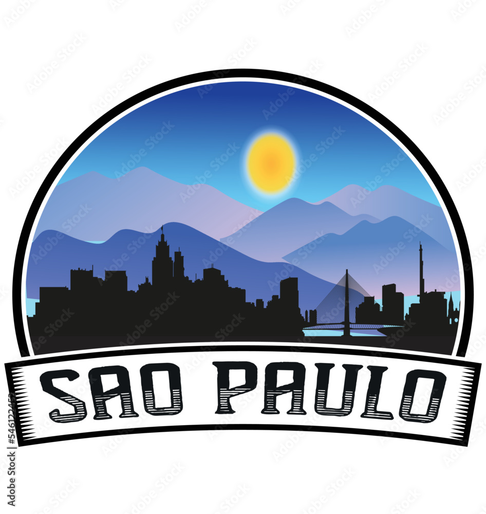 Sao Paulo Brazil Skyline Sunset Travel Souvenir Sticker Logo Badge Stamp Emblem Coat of Arms Vector Illustration EPS