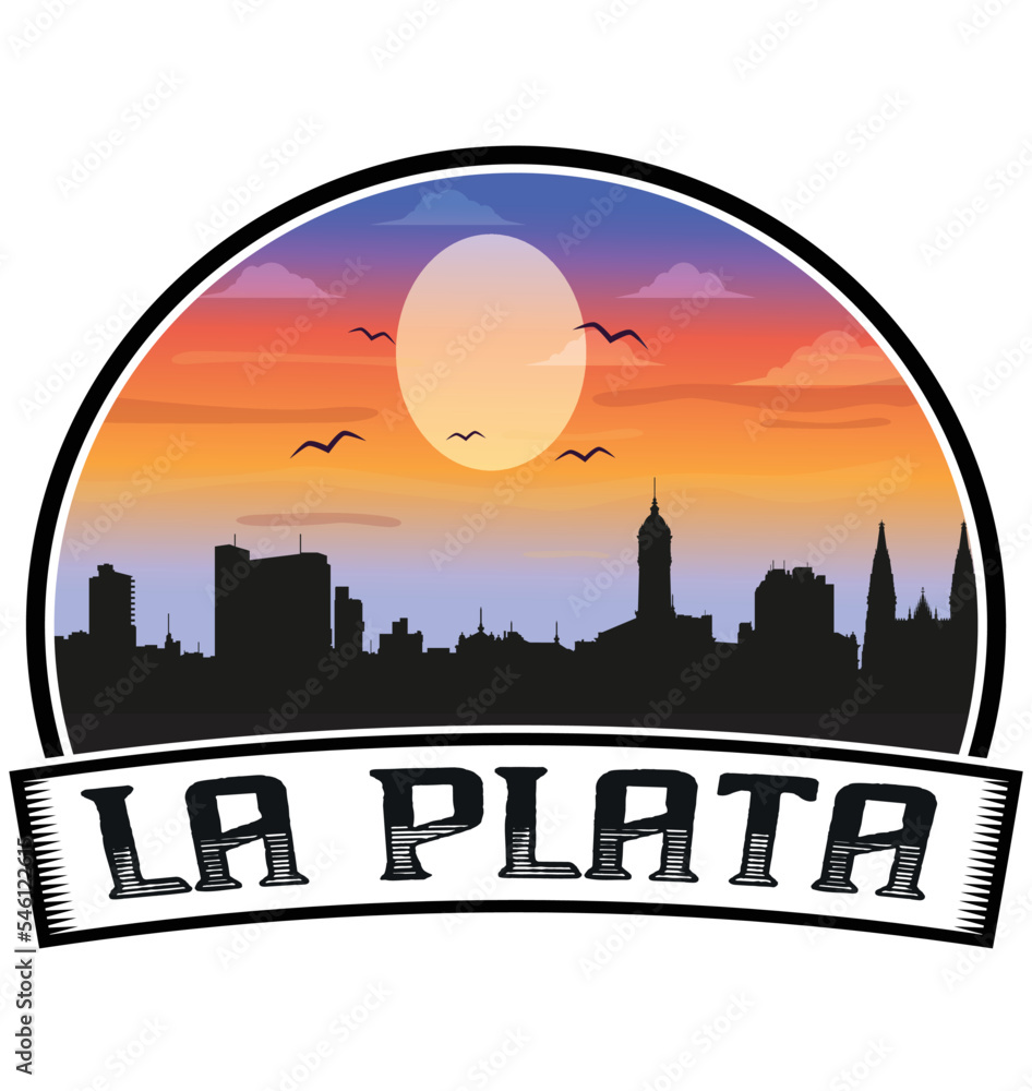 La Plata Argentina Skyline Sunset Travel Souvenir Sticker Logo Badge Stamp Emblem Coat of Arms Vector Illustration EPS