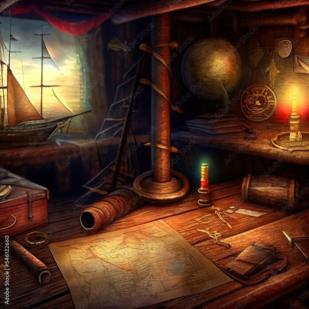 An ancient pirate map in the cabin of a pirate ship. Image of an ...