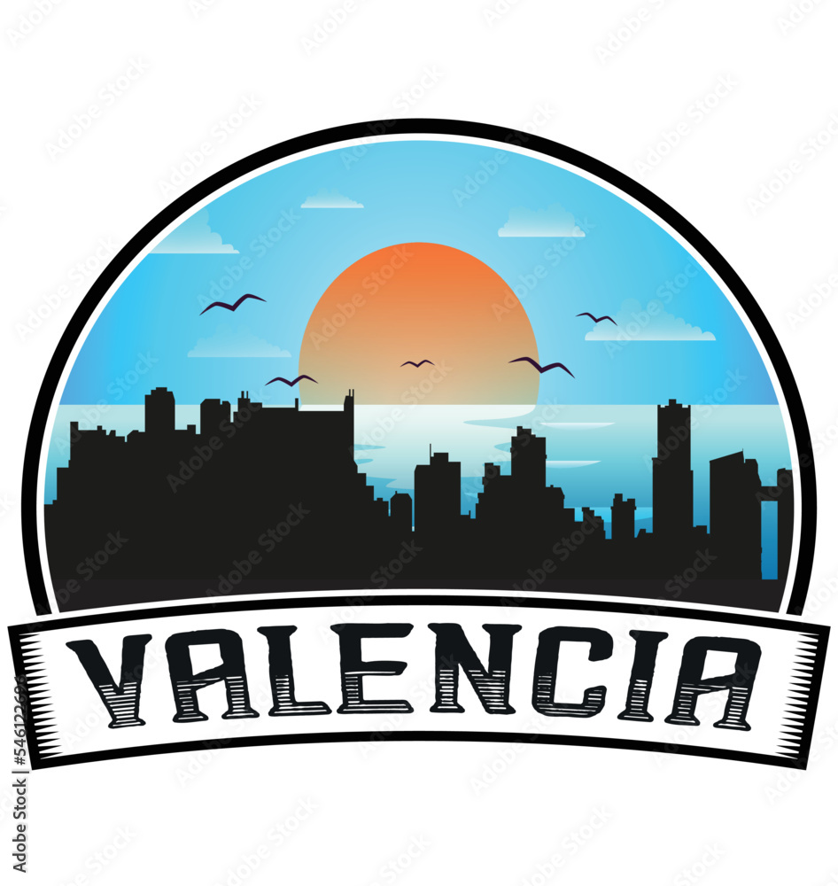 Valencia Venezuela Skyline Sunset Travel Souvenir Sticker Logo Badge Stamp Emblem Coat of Arms Vector Illustration EPS
