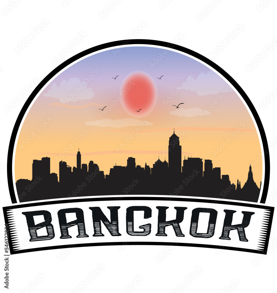 Bangkok Thailand Skyline Sunset Travel Souvenir Sticker Logo Badge Stamp Emblem Coat of Arms Vector Illustration EPS