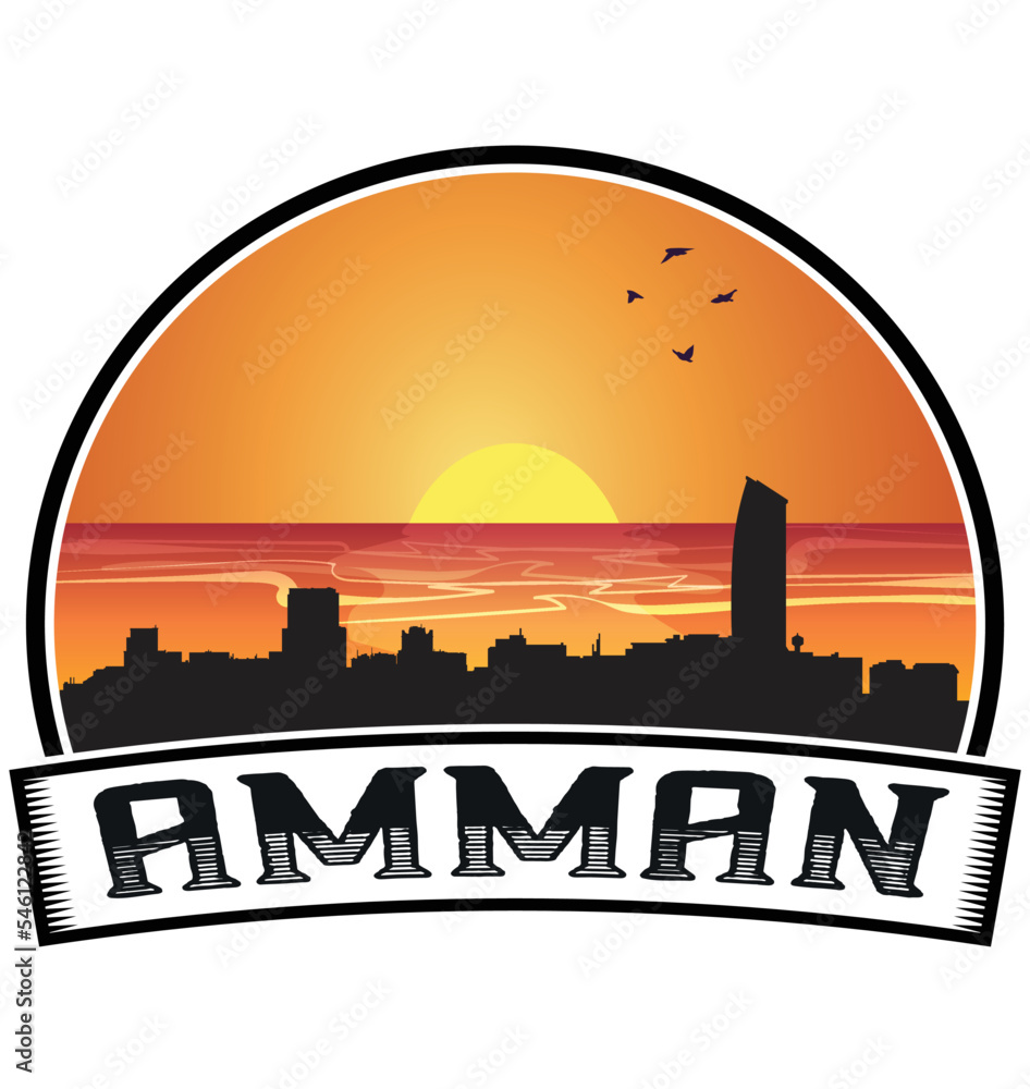 Amman Jordan Skyline Sunset Travel Souvenir Sticker Logo Badge Stamp Emblem Coat of Arms Vector Illustration EPS