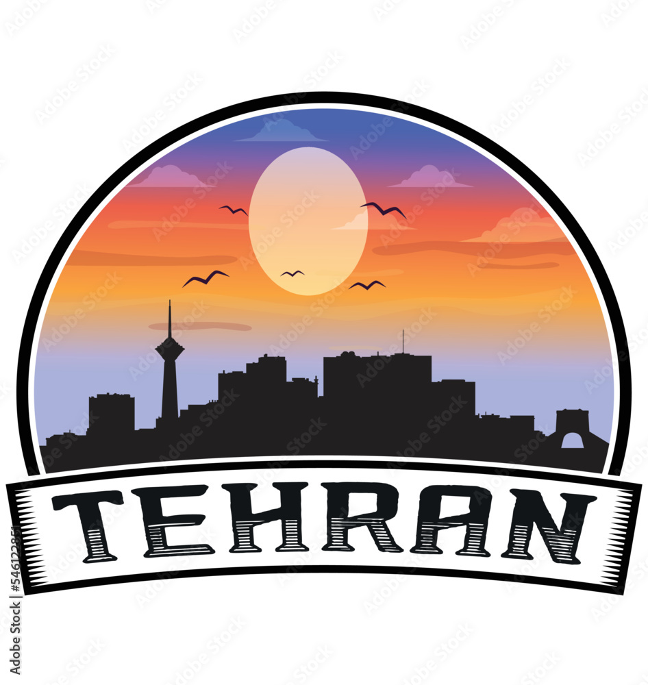 Tehran Iran Skyline Sunset Travel Souvenir Sticker Logo Badge Stamp Emblem Coat of Arms Vector Illustration EPS