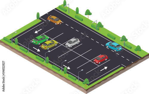 isometric scene of parking spot in highway traffic road with car