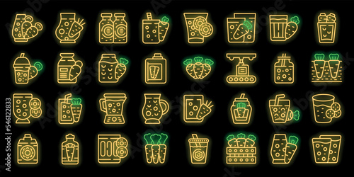 Carrot juice icons set outline vector. Autumn beverages. Blend detox neon color on black