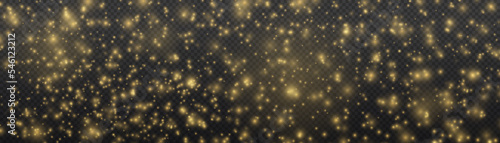 Blur yellow sparks and glitter special light effect. Fine, shiny bokeh dust particles fall off slightly. Defocused golden sparkle, stars and blurry spots. Magical gold flickering lights. Vector.