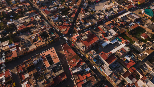 Details of the streets of the magical town of Metepec, Mexico from an aerial view
