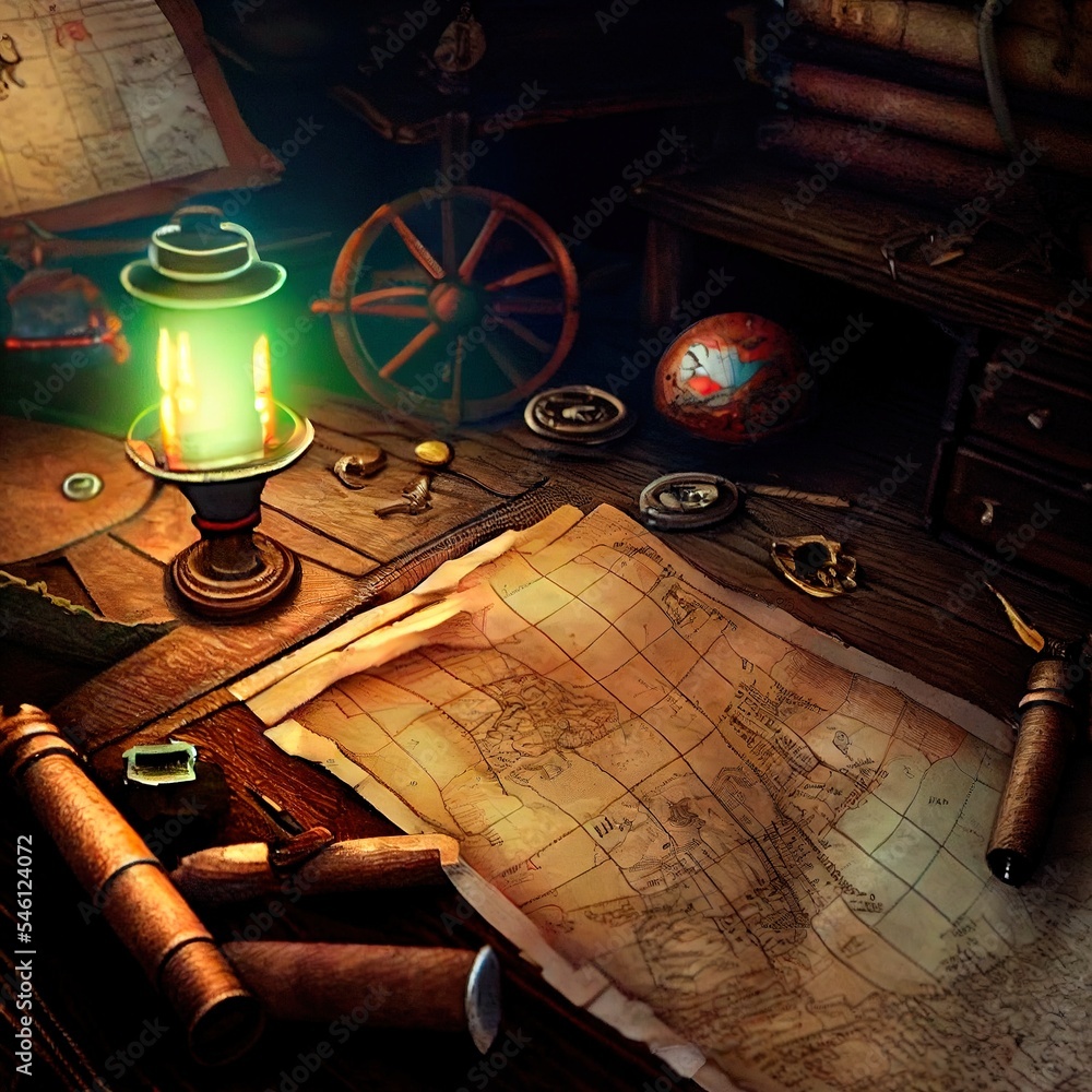 An ancient pirate map in the cabin of a pirate ship. Image of an ...