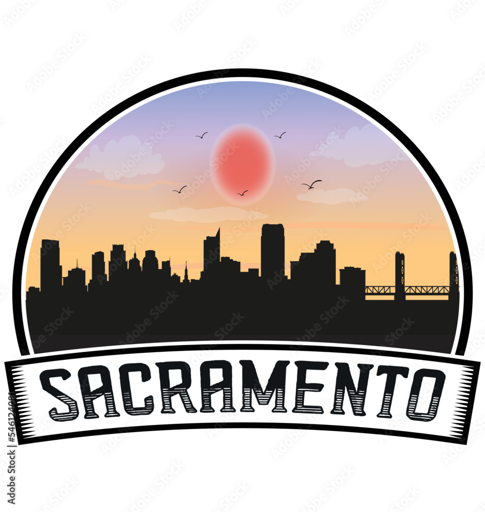 Sacramento California USA Skyline Sunset Travel Souvenir Sticker Logo Badge Stamp Emblem Coat of Arms Vector Illustration EPS