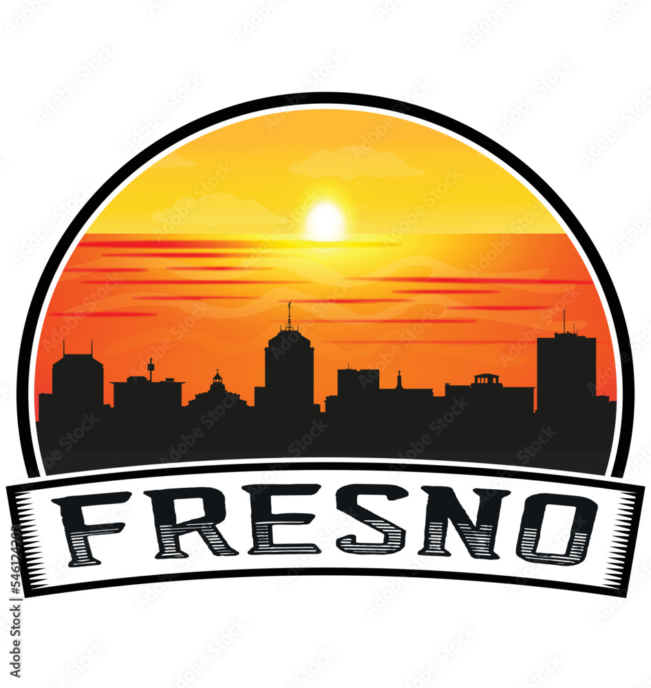 Fresno California USA Skyline Sunset Travel Souvenir Sticker Logo Badge Stamp Emblem Coat of Arms Vector Illustration EPS