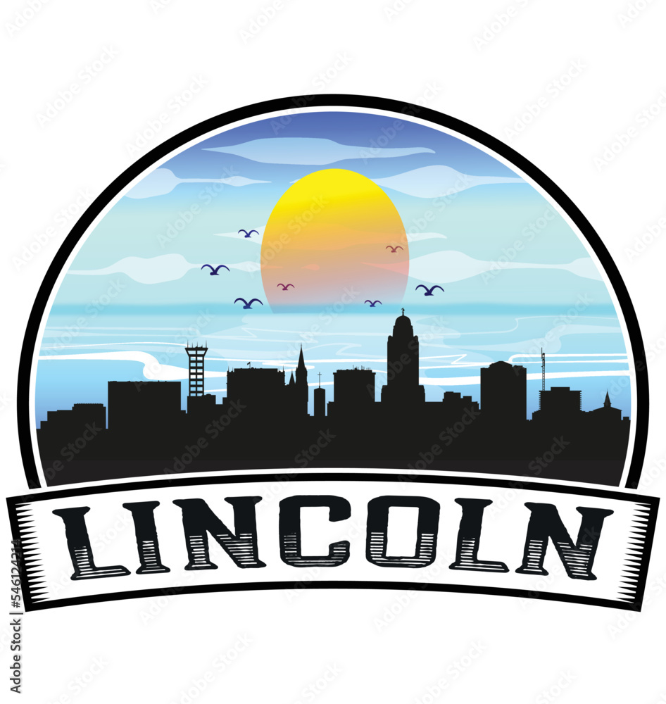 Lincoln Nebraska USA Skyline Sunset Travel Souvenir Sticker Logo Badge Stamp Emblem Coat of Arms Vector Illustration EPS