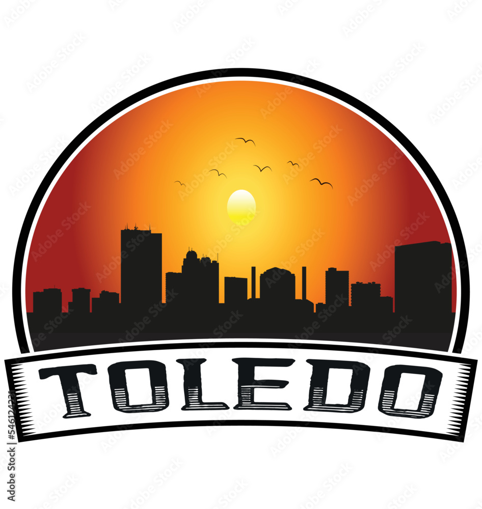 Toledo Ohio USA Skyline Sunset Travel Souvenir Sticker Logo Badge Stamp Emblem Coat of Arms Vector Illustration EPS