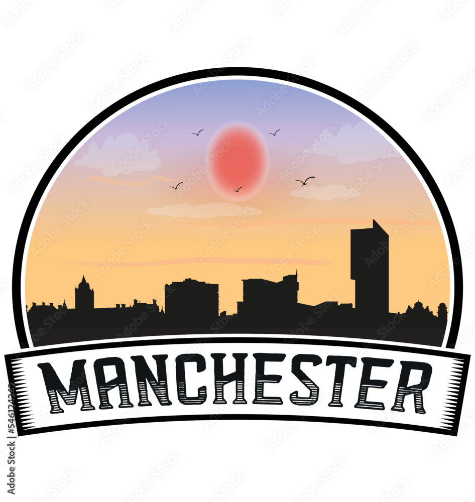 Manchester England Skyline Sunset Travel Souvenir Sticker Logo Badge Stamp Emblem Coat of Arms Vector Illustration EPS
