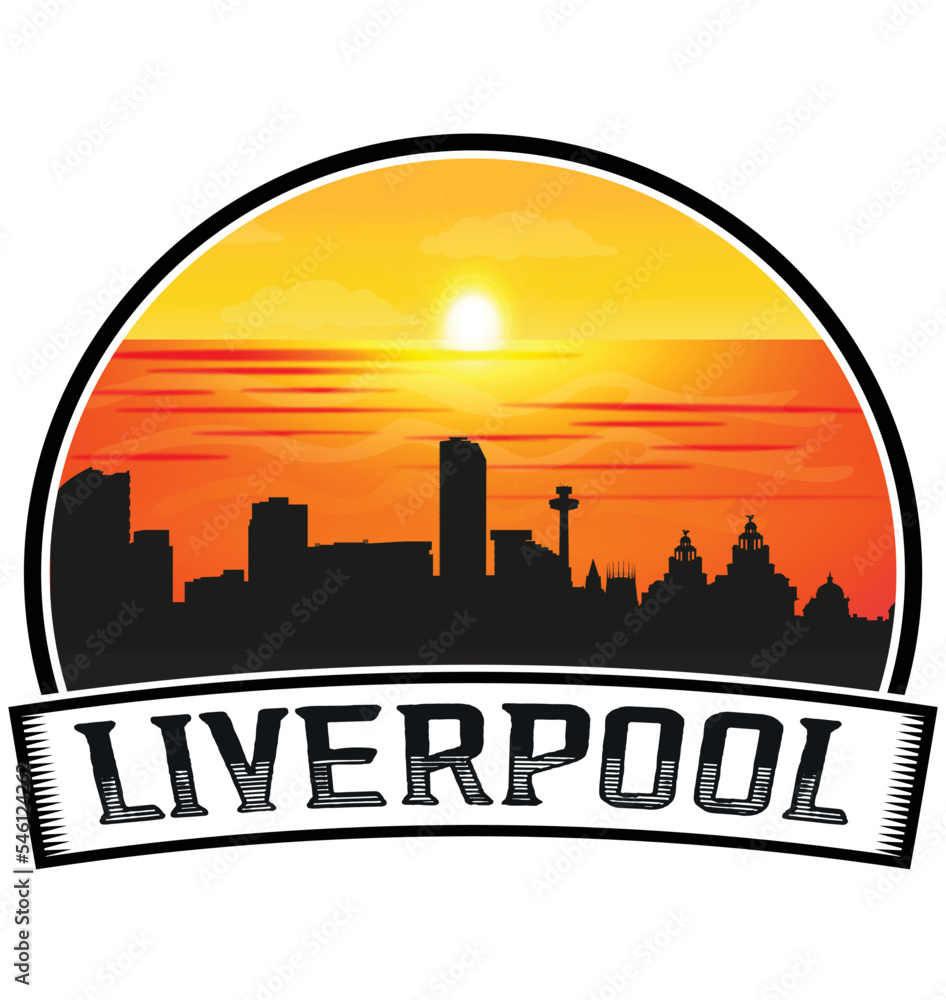 Liverpool England Skyline Sunset Travel Souvenir Sticker Logo Badge Stamp Emblem Coat of Arms Vector Illustration EPS
