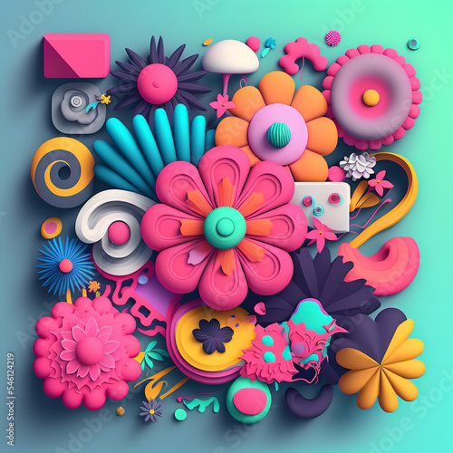 knolling 3d illustration of flowers squishy puffy texture in cozy colors on a soft green background