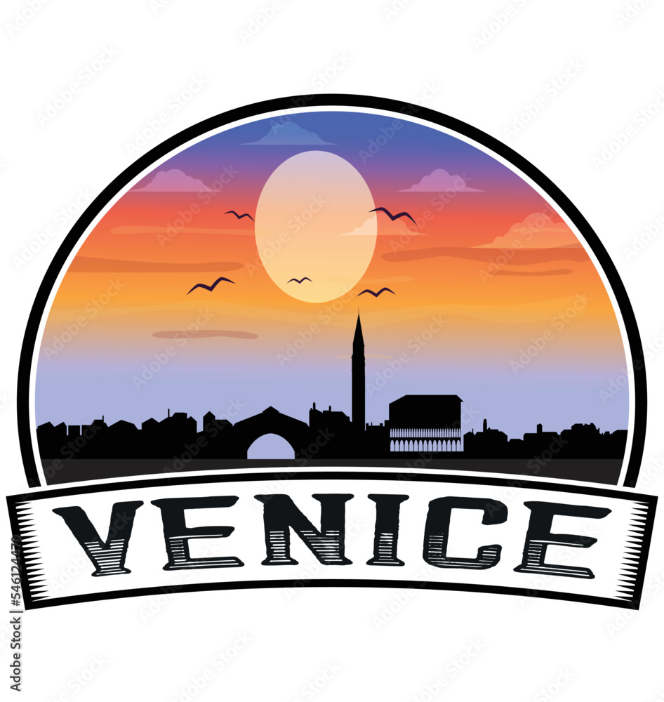 Venice Italy Skyline Sunset Travel Souvenir Sticker Logo Badge Stamp Emblem Coat of Arms Vector Illustration EPS