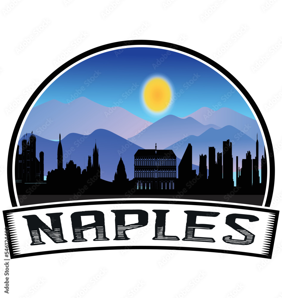 Naples Italy Skyline Sunset Travel Souvenir Sticker Logo Badge Stamp Emblem Coat of Arms Vector Illustration EPS