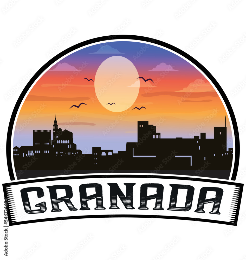 Granada Spain Skyline Sunset Travel Souvenir Sticker Logo Badge Stamp Emblem Coat of Arms Vector Illustration EPS
