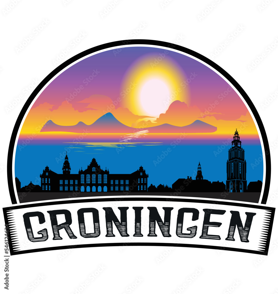 Groningen Netherlands Skyline Sunset Travel Souvenir Sticker Logo Badge Stamp Emblem Coat of Arms Vector Illustration EPS