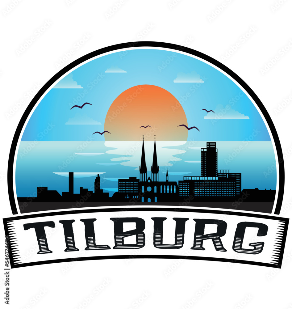 Tilburg Netherlands Skyline Sunset Travel Souvenir Sticker Logo Badge Stamp Emblem Coat of Arms Vector Illustration EPS