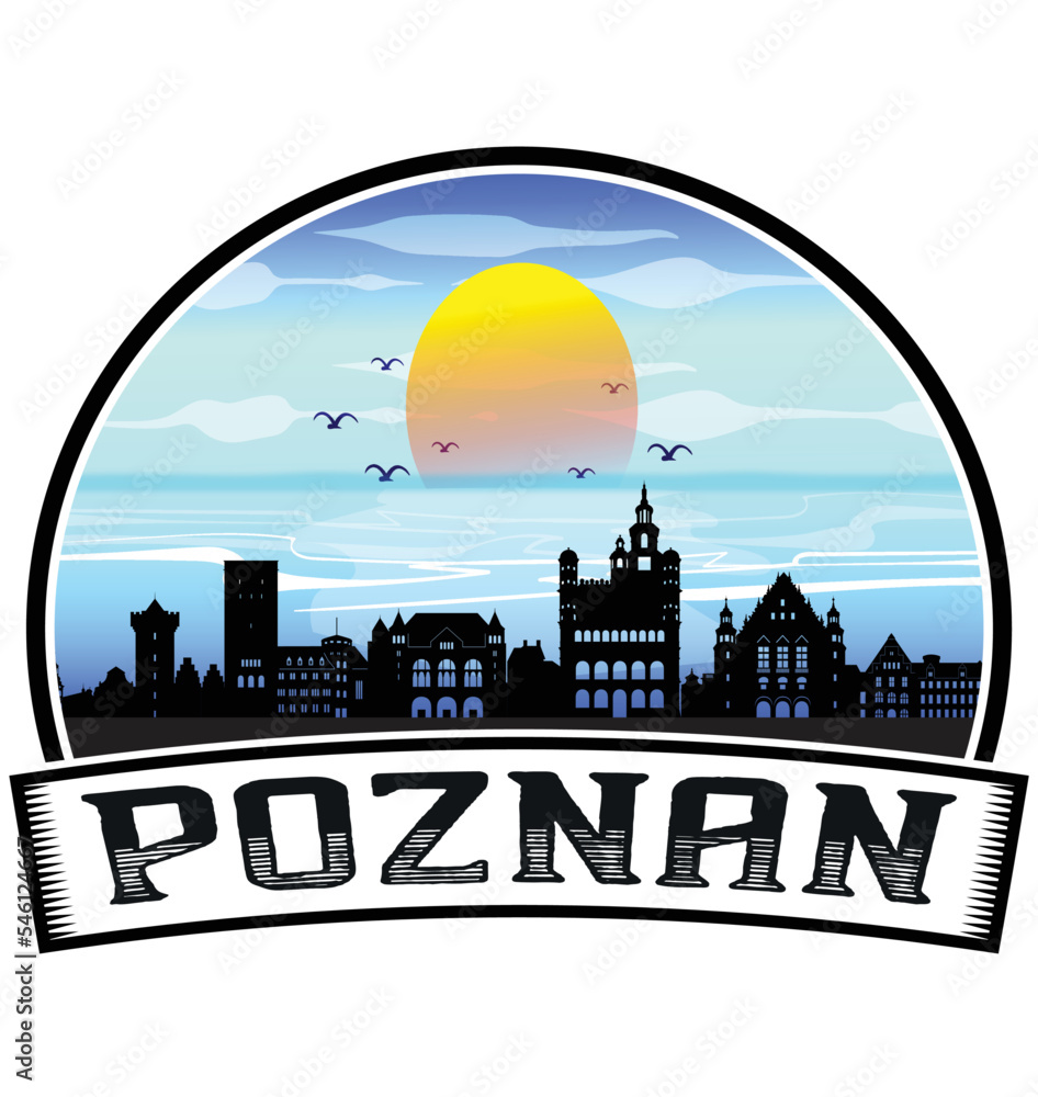 Poznan Poland Skyline Sunset Travel Souvenir Sticker Logo Badge Stamp Emblem Coat of Arms Vector Illustration EPS