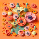 knolling illustration of flowers squishy puffy texture in cozy colors orange background