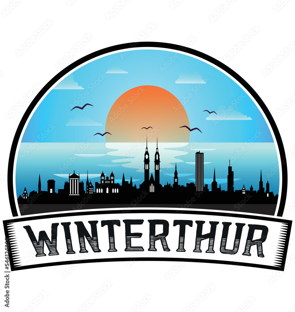 Winterthur Switzerland Skyline Sunset Travel Souvenir Sticker Logo Badge Stamp Emblem Coat of Arms Vector Illustration EPS