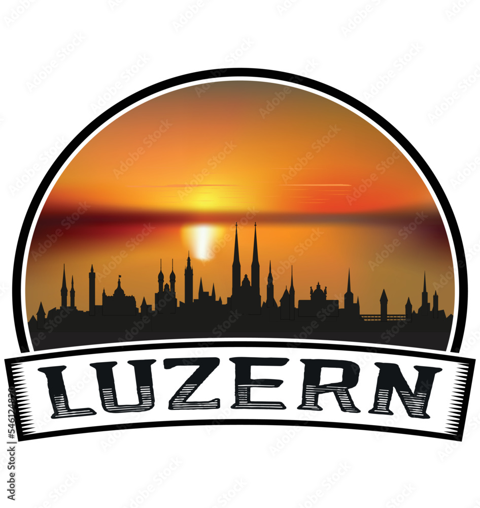 Luzern Switzerland Skyline Sunset Travel Souvenir Sticker Logo Badge Stamp Emblem Coat of Arms Vector Illustration EPS