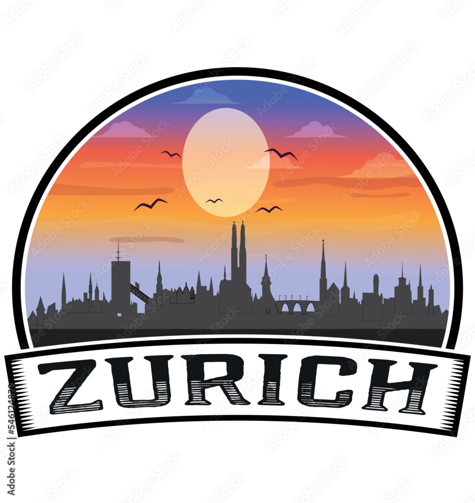 Zurich Switzerland Skyline Sunset Travel Souvenir Sticker Logo Badge Stamp Emblem Coat of Arms Vector Illustration EPS