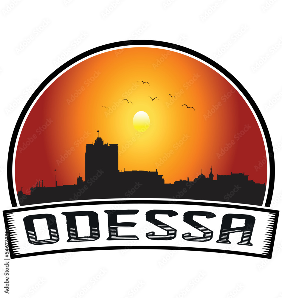 Odessa Ukraine Skyline Sunset Travel Souvenir Sticker Logo Badge Stamp Emblem Coat of Arms Vector Illustration EPS