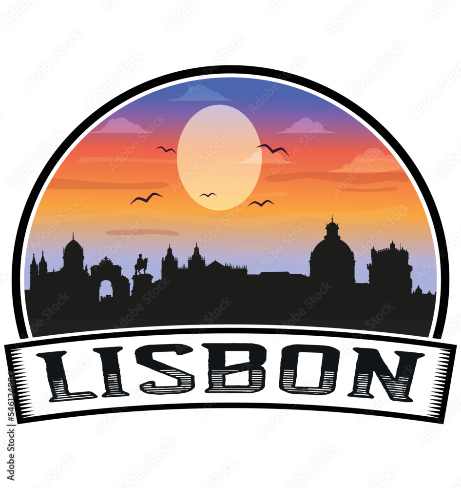 Lisbon Portugal Skyline Sunset Travel Souvenir Sticker Logo Badge Stamp Emblem Coat of Arms Vector Illustration EPS