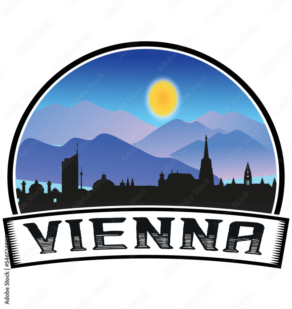Vienna Austria Skyline Sunset Travel Souvenir Sticker Logo Badge Stamp Emblem Coat of Arms Vector Illustration EPS