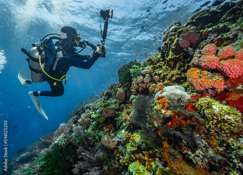 Diver exploring the coral reefs at Komodo / Indonesia photo