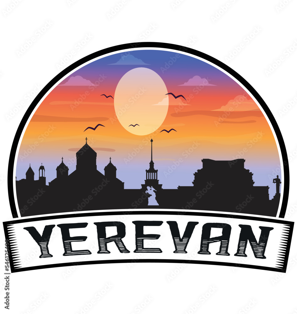 Yerevan Armenia Skyline Sunset Travel Souvenir Sticker Logo Badge Stamp Emblem Coat of Arms Vector Illustration EPS