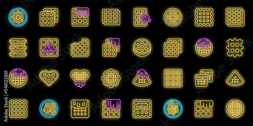 Belgian waffles icons set outline vector. Coffee cup. Belgium cream neon color on black