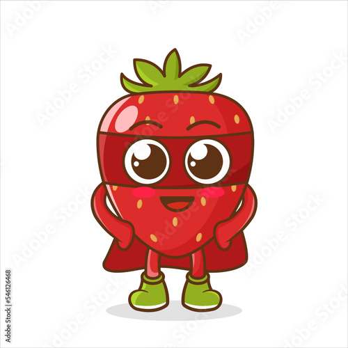 Strong Superhero Strawberry Fruit Vector Cartoon Character. Funny cartoon character fruit strawberry in superhero costume at masks emotion. 
