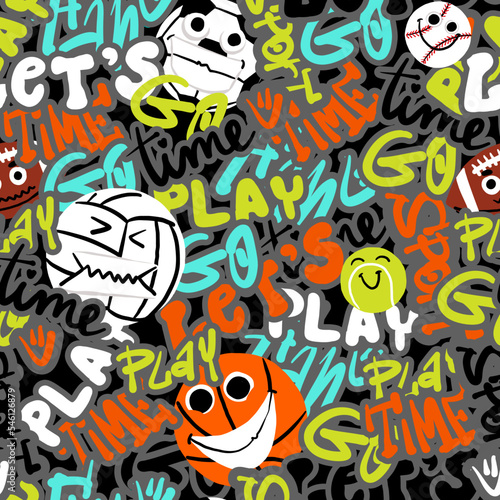 Seamless pattern with graffiti words and sport’s balls. Background for textile, fabric, kids, stationery, clothes, swim wear and other designs.