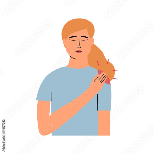 The girl holds her hand on the sore shoulder joint. Arthrosis, bruise, inflammation concept. Vector illustration in flat style