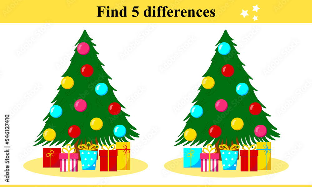 Find 5 differences for a Christmas tree decorated with balls with gifts under it