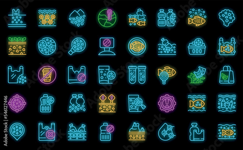 Microplastics pollution icons set outline vector. Fish environment. Ocean plastic neon color on black