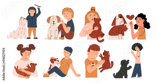 Set of children with pets. The girl hugs the cat, the boy plays with the dog. Collection of characters with animals. The concept of emotional support animal. Vector illustration in flat style