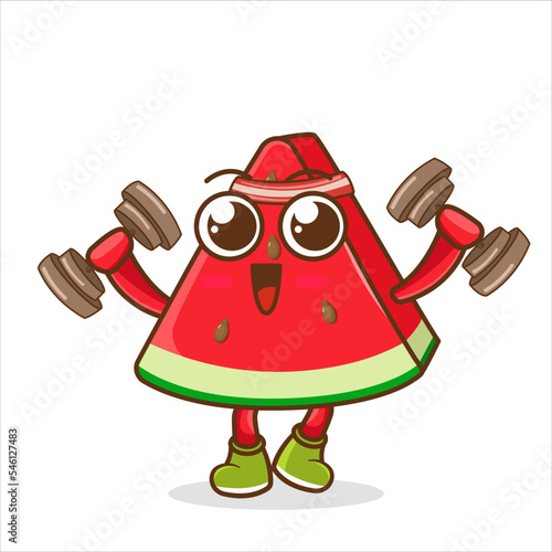 Watermelon weightlifter character. Funny Fruit poster with vector watermelon athlete character. Cartoon style